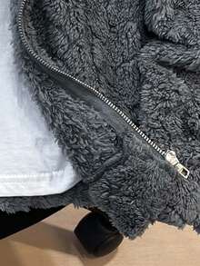 SHEIN 青少年男孩连帽休闲运动小麦纹理毛绒拉链夹克，适合通勤、上学、日常休闲、旅行、运动、秋冬