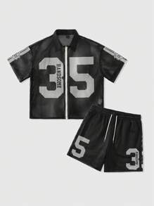 ROMWE MEN Street Life 男士宽松数字印花短袖拉链领衬衫和短裤休闲套装 - 黑色 - 查看 1