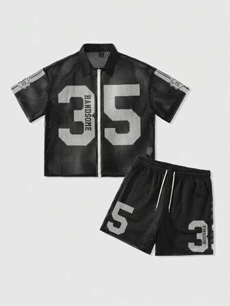 Prep Conjunto informal de camisa con cierre de cremallera y cuello, y pantalones cortos con estampado de números, corte recto para hombre