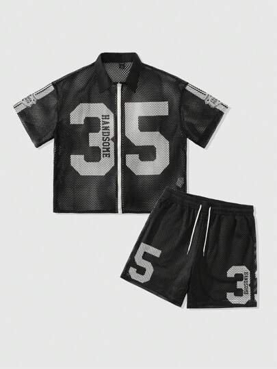 Prep مجموعة كاجوال قميص وشورت مطبوع بأرقام مناسبة للرجال، قصة صندوقية، أكمام قصيرة وياقة سحاب