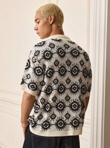 Manfinity VCAY 男士针织圆形图案短袖单排扣休闲上衣，夏季 - 杏色 - 查看 6