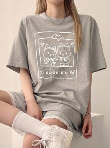 DAZY Áo thun nữ dáng rộng, cổ tròn, tay ngắn, họa tiết hoạt hình, thích hợp mặc mùa hè, đi làm. - Xám - Xem 2