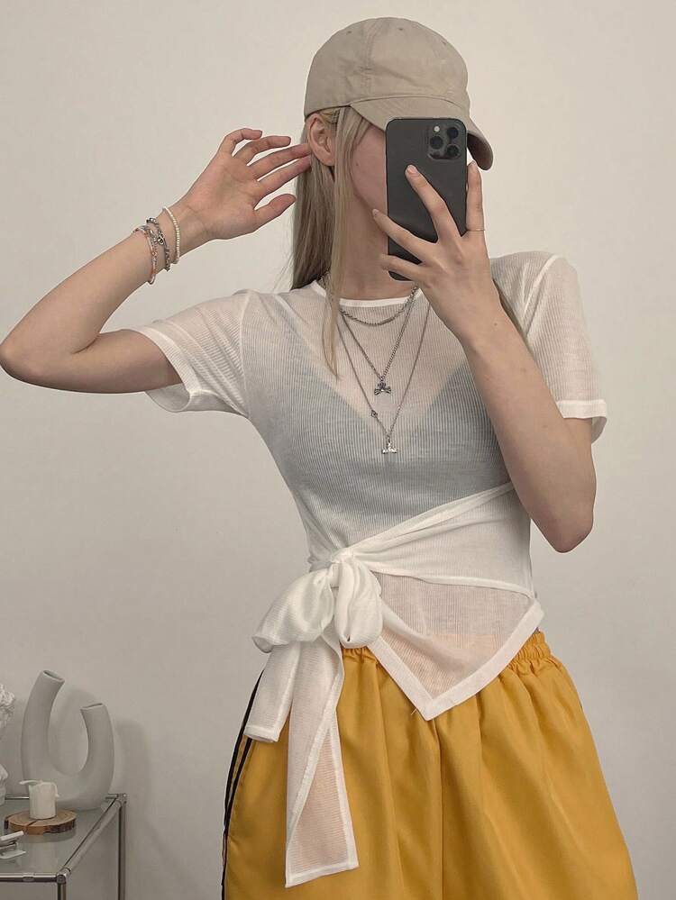 Women's Round Neck Waist Tie Short Sleeve Sheer T-Shirt