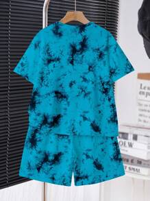 SHEIN 2 件青少年男孩休闲时尚经典扎染印花，酷炫游戏控制器图形印花短袖圆领 T 恤和短裤套装，适合夏季 - 彩色 - 查看 3