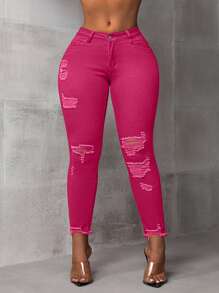 Slaydiva Plus Size Women Pockets Distressed Casual Versatile Skinny Jeans - Hot Pink - View 1