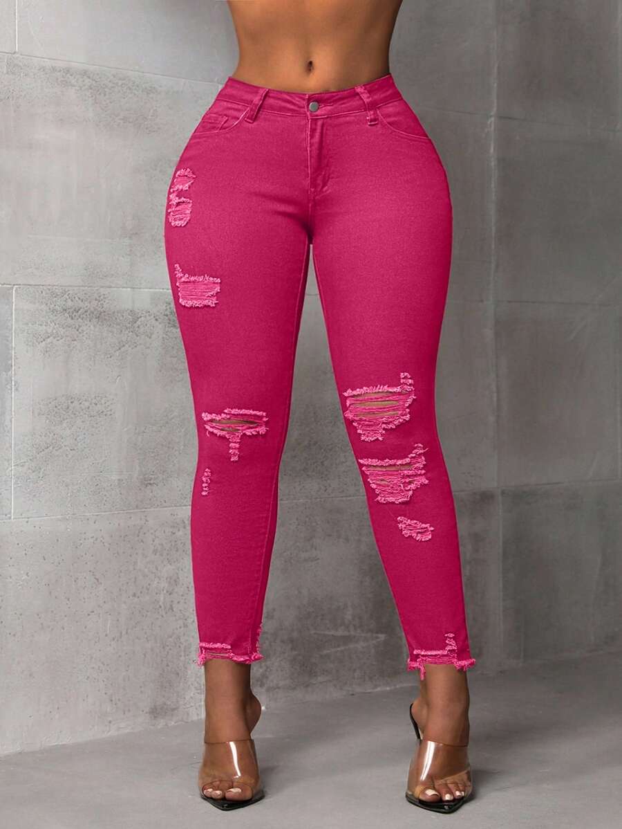 Slaydiva Plus Size Women Pockets Distressed Casual Versatile Skinny Jeans - Hot Pink - View 1
