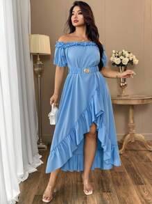 SHEIN Clasi 女士纯色梭织露肩荷叶边不对称腰部系带连衣裙，夏季 - 淺藍色 - 查看 3