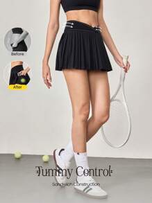 GLOWMODE 让我们玩吸汗弹力中腰交叉腰褶皱网球裙内置短裤侧袋网球高尔夫日常 - 黑色 - 查看 2