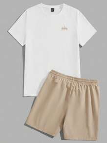 Manfinity Joysei Men's Summer Mountain Slogan Printed Round Neck Short Sleeve Casual T-Shirt And Drawstring Waist Shorts Set, Cozy Outfits