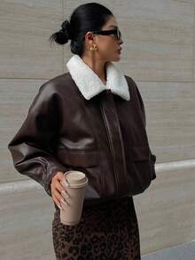 Livesso Women Fashionable Versatile Contrast Color Fuzzy Collar Jacket, Autumn/Winter Leather Jacket With Sherpa Collar - Brown - View 7