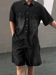 DAZY Men's Washed Black Shirt Set, Summer