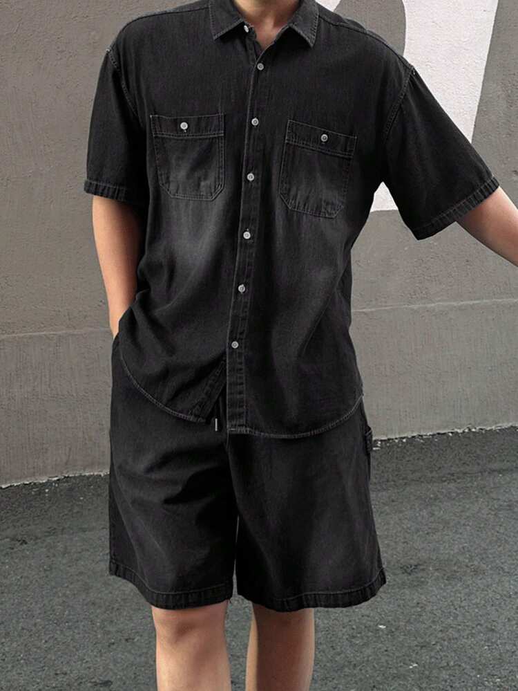 Men's Washed Black Shirt Set, Summer