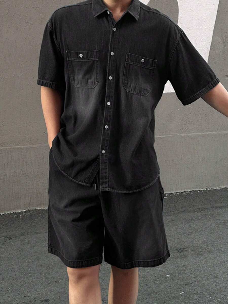 DAZY Men's Washed Black Shirt Set, Summer