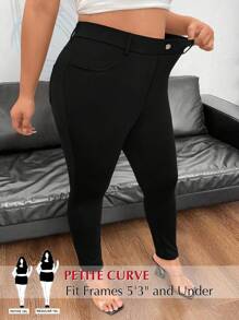 SHEIN PETITE Celana Panjang Kasual Minimalis Warna Polos Pinggang Elastis Slim Fit Skinny untuk Wanita, Pakaian Musim Gugur - Hitam - View 1