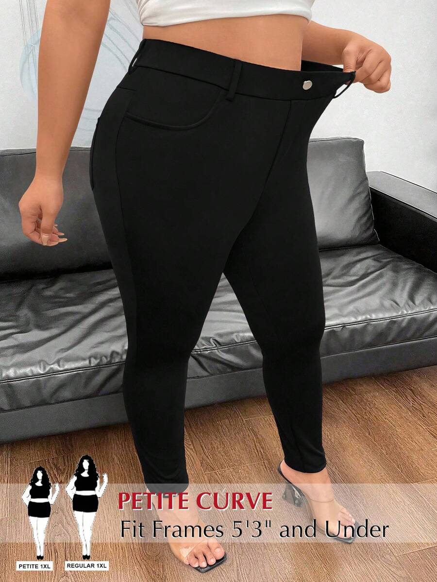 SHEIN PETITE Celana Panjang Kasual Minimalis Warna Polos Pinggang Elastis Slim Fit Skinny untuk Wanita, Pakaian Musim Gugur - Hitam - View 1