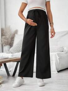 SHEIN Solid Color Patchwork Casual Long Maternity Pants With Drawstring And Ruffle Hem