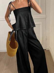 Livesso 女式夏季吊带宽松荷叶边下摆休闲牛仔连体裤 - 黑色 - 查看 1