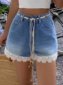Livesso Women's Lace Patchwork Pocket Wide Leg Loose Denim Shorts Jorts - Blue - View 3