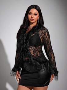 Viva Relle Plus Size Women Lace Patchwork Cardigan + Mini Skirt Sexy Elegant Fashion 2pcs Set Fall Cloth For Women - Black - View 4