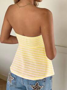 CovetEZ Casual Strapless Knitted Sleeveless Top In Yellow With Ruched Front And Stripes Cute Tube Top Yellow Tube Top - Yellow - View 2