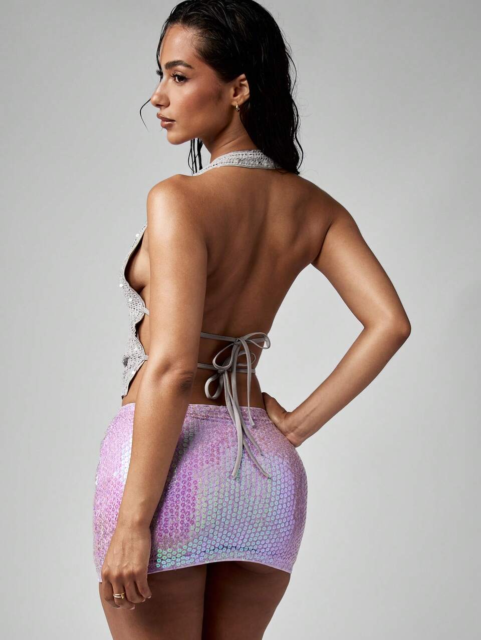 MISSGUIDED Halter Cowl Neck Crop Top Silver Metallic Sequin Beaded Club Party Festival Summer Holiday Celebration Evening Performance
