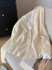 INAWLY قميص كاجوال فضفاض مزين بالدانتيل بأكمام طويلة للنساء، صيفي