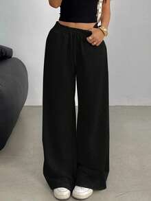 SHEIN 青少年女孩休闲松紧腰阔腿运动裤，适合春、夏、秋、冬 - 黑色 - 查看 3