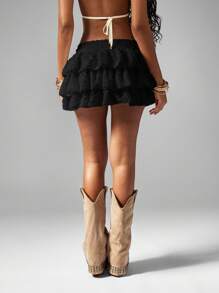 MISSGUIDED Ra Ra 迷你裙荷叶边多层夏季海滩度假节日派对休闲 A 字短裙带柳条圆边 - 黑色 - 查看 2