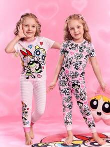 THE POWERPUFF GIRLS X SHEIN Young Girl Cartoon Pink Blossom, Bubbles, Buttercup Pattern Cute Short Sleeve T-Shirt And Pants Pajama Set - Multicolor - View 1