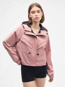 Gameset SHEIN Sport Chaqueta deportiva con capucha, mangas raglán y cordón de ajuste en la cintura, en color liso para mujer - Rosa - Ver 3