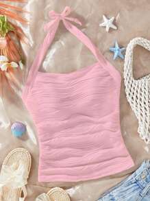 Teen Girl Stylish Cute Comfy Wavy Pattern Camisole With Bow, Suitable For Casual Outings And Gatherings, Spring/Summer - Pink - View 1