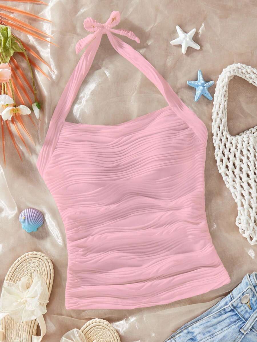 Teen Girl Stylish Cute Comfy Wavy Pattern Camisole With Bow, Suitable For Casual Outings And Gatherings, Spring/Summer - Pink - View 1