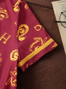 HARRY POTTER X SHEIN Tween Girls Summer Snake, Eagle & House Golden Print Casual Red Short Sleeve Tie Waist Dress - Multicolor - View 6