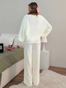 EURMUSE Women Bow Front Cute Cardigan And Sweater Pant 2pcs Set Co-Ord Two Pieces Set - Cream - View 3