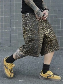 Manfinity EMRG Plus Size Men Leopard Print Waistband Adjustable Loose Wide Leg Denim Shorts Men Cheetah Shorts - Bronze - View 1