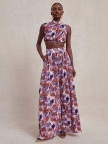 NYA SZN Matching Set (Top/Pant) Top Short Sleeve High Neck Cropped Cut Out Detail Pant High Rise Loose Straight Leg Brunch Special Occasion Event Modest Church Wedding Guest Bridal Party Summer Fall Thanksgiving Christmas NYE New Years Eve Outfits For Women