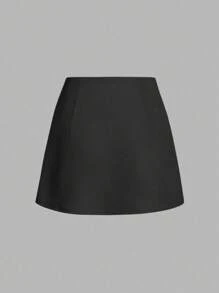 Sweetra Solid Color Versatile Fitted Metal Decor Slit Hem Bodycon Mini Skirt - Black - View 2