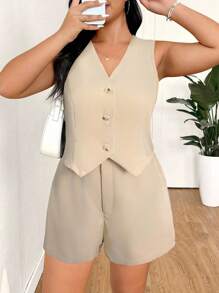 SHEIN EZwear 大码女式单排扣纯色背心和短裤休闲裤套装两件套，春夏米色两件套休闲两件套女式两件短裤套装，秋冬返校