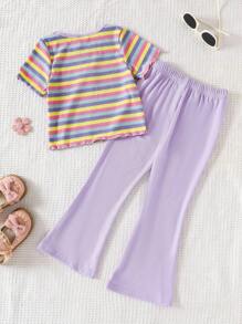 Genkimix Kids 2pcs/Set Toddler Girl Striped Purple Embroidered Flower Luttuce Trim Top And Ribbed Flare Pant Set Outfit Summer Holiday - Purple - View 2
