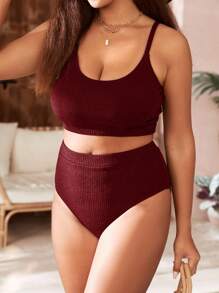 Swim Vcay Plus Size Summer Vacation Beach Solid Ribbed Camisole Bikini Set
