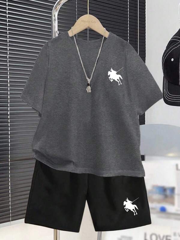2 pièces Ensemble T-shirt à manches courtes et shorts de style minimaliste pour garçons préadolescents, convenant pour l'été