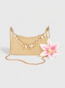 ROMWE Fairycore 1pc Tropical Vacation Style Sea Element Star Chain Decor Straw Shoulder Bag, Lily Flower Decor Underarm Tote Bag - Multicolor - View 4