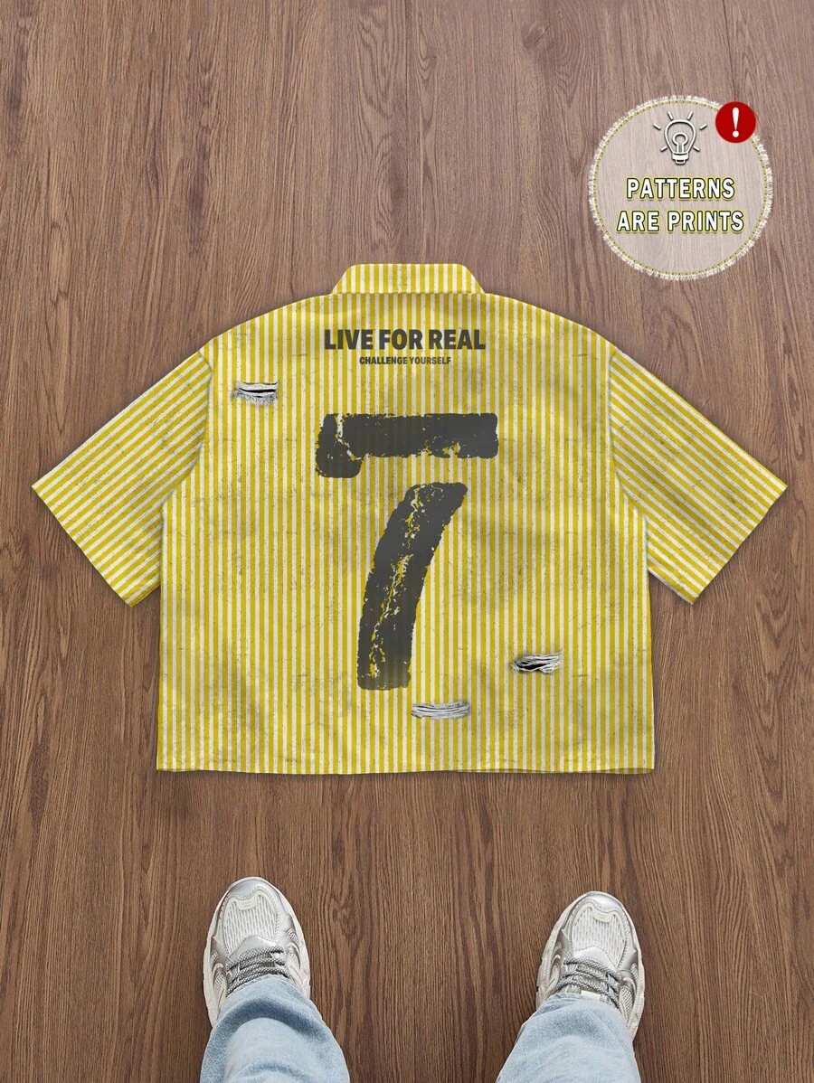 Manfinity Campus Court Aesthetic Post--Men's Casual Fashionable Full Print Striped Short Sleeve Shirt