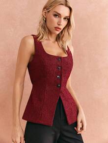 Poéselle 女士复古格子休闲日常穿搭前扣方领上衣，方领上衣，酒红色上衣 - 紅色 - 查看 6