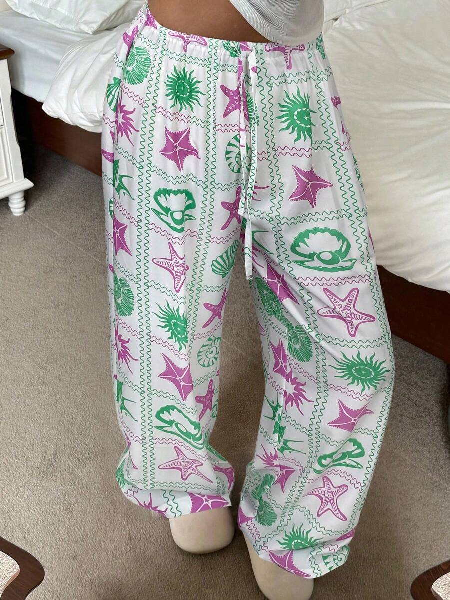 Aloruh Women's Low Waist Starfish Print Long Pants, For Spring/Summer Holiday