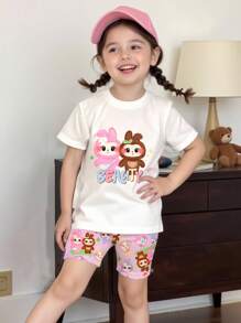 2pcs Baby Girls Beauty Cartoon Print Round Neck Short Sleeve T-Shirt & Tie Dye Knit Leggings Summer Outfit Set Infant Summer Clothes Set Casual Baby Clothes - Multicolor - View 3