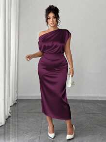 Elenzga Plus Size Women Satin Draped Neck Cold Shoulder Asymmetric Ruched Waist Slim A-Line Dress For Summer - Purple - View 6