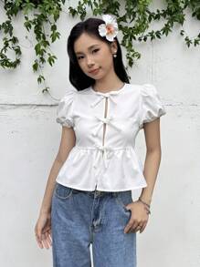 SHEIN 少女休闲简约舒适圆领泡泡袖格子蝴蝶结衬衫