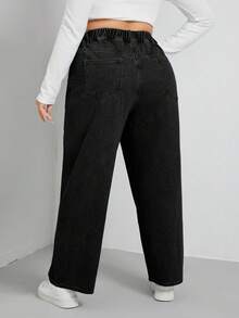 SHEIN EZwear 加心刺绣阔腿牛仔裤 宽腿牛仔裤 女童宽腿牛仔裤 女式宽腿牛仔裤 - 黑色 - 查看 2