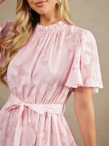 Amorya 女士全身印花系带短袖连衣裙校服演唱会服装教师服女士夏季连衣裙婚礼宾客礼服女士度假服装女士粉色连衣裙女士生日服装